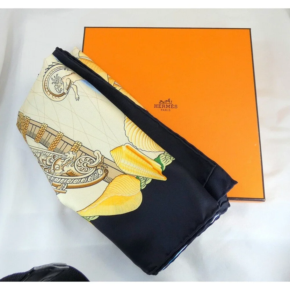Hermes BALADE OCEANE Ocean Goddess Scarf Black & Blue with BOX Mint